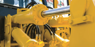 Hydraulic piston system for bulldozers, tractors, excavators, chrome plated cylinder shaft of yellow machine, construction heavy industry detail